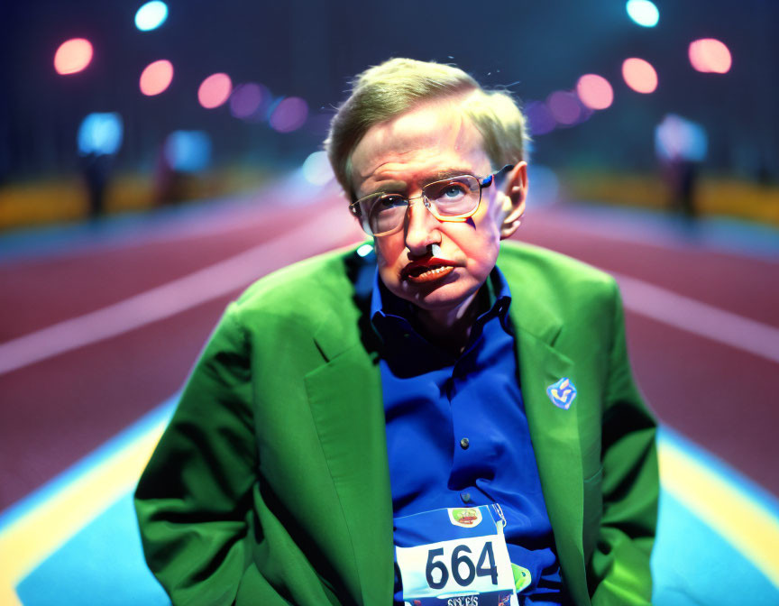 Person in Green Blazer Sitting on Racetrack at Night with Blurry Lights