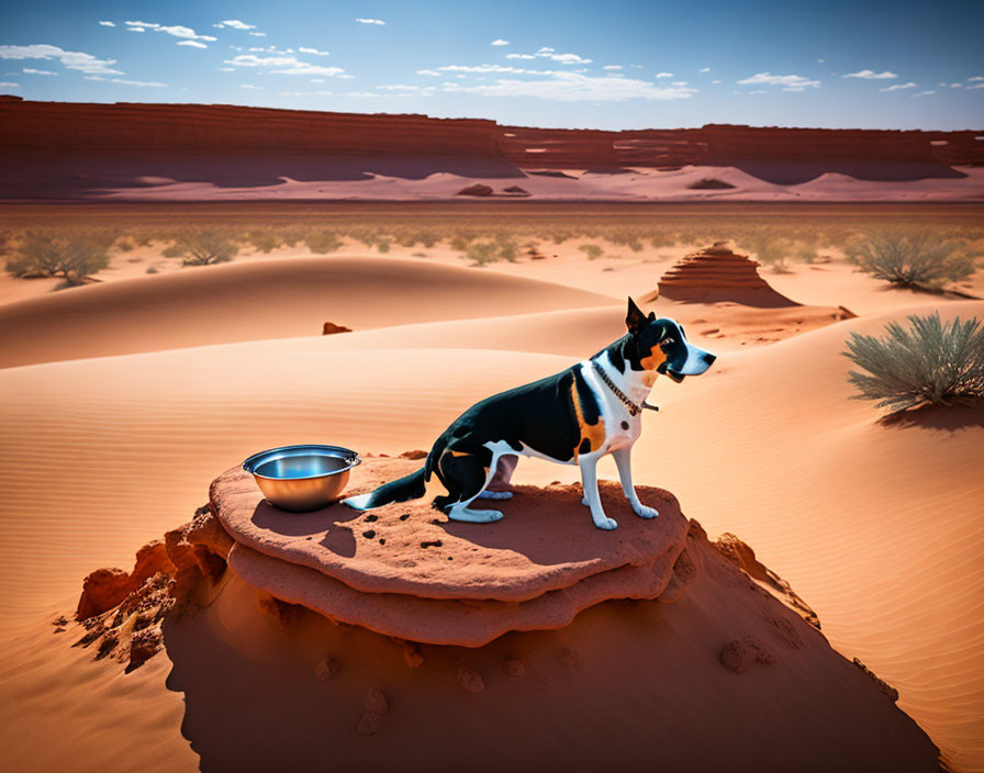 Black-and-white dog sitting on desert dune with metal bowl, under clear blue sky