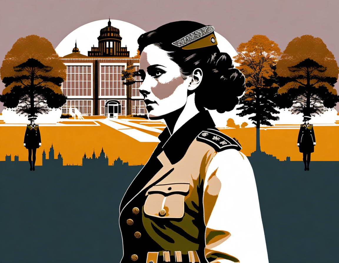 Stylized graphic of woman in military uniform with soldiers and building at sunset