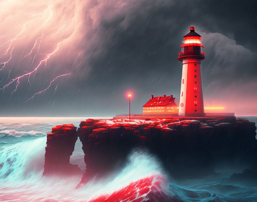 Stormy Sea Lighthouse on Rugged Cliff with Lightning and Crashing Waves