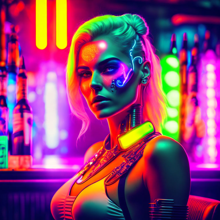 Vibrant cyberpunk portrait with neon colors & futuristic enhancements