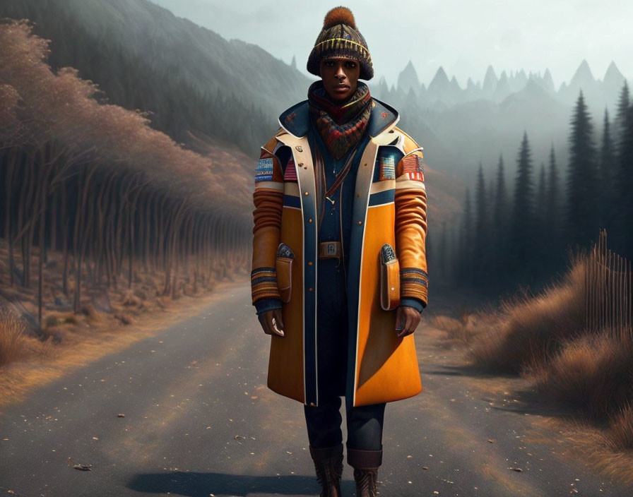 Futuristic person in yellow coat on misty forest road