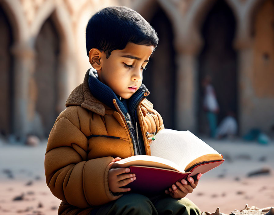 Young boy reading book outdoors with arches, wearing brown jacket and blue scarf