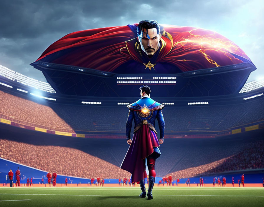 Digital artwork: Doctor Strange in superhero cape at football stadium