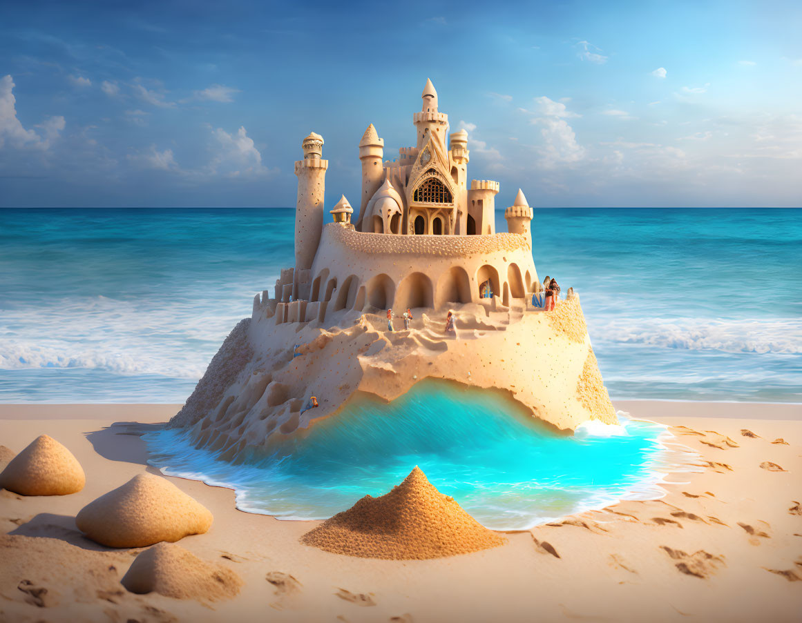 Detailed sandcastle with towers and arches on beach with ocean and sand mounds.