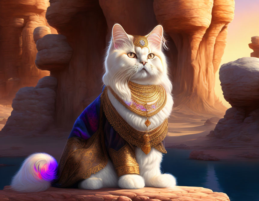 Majestic white cat with golden tiara and robes in desert canyon setting