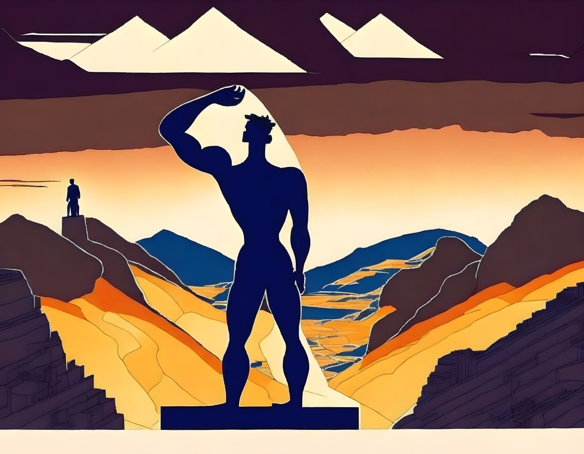 Heroic figure on pedestal with mountain landscape and sunset background.