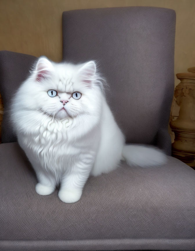 Fluffy White Cat with Blue Eyes on Grey Armchair