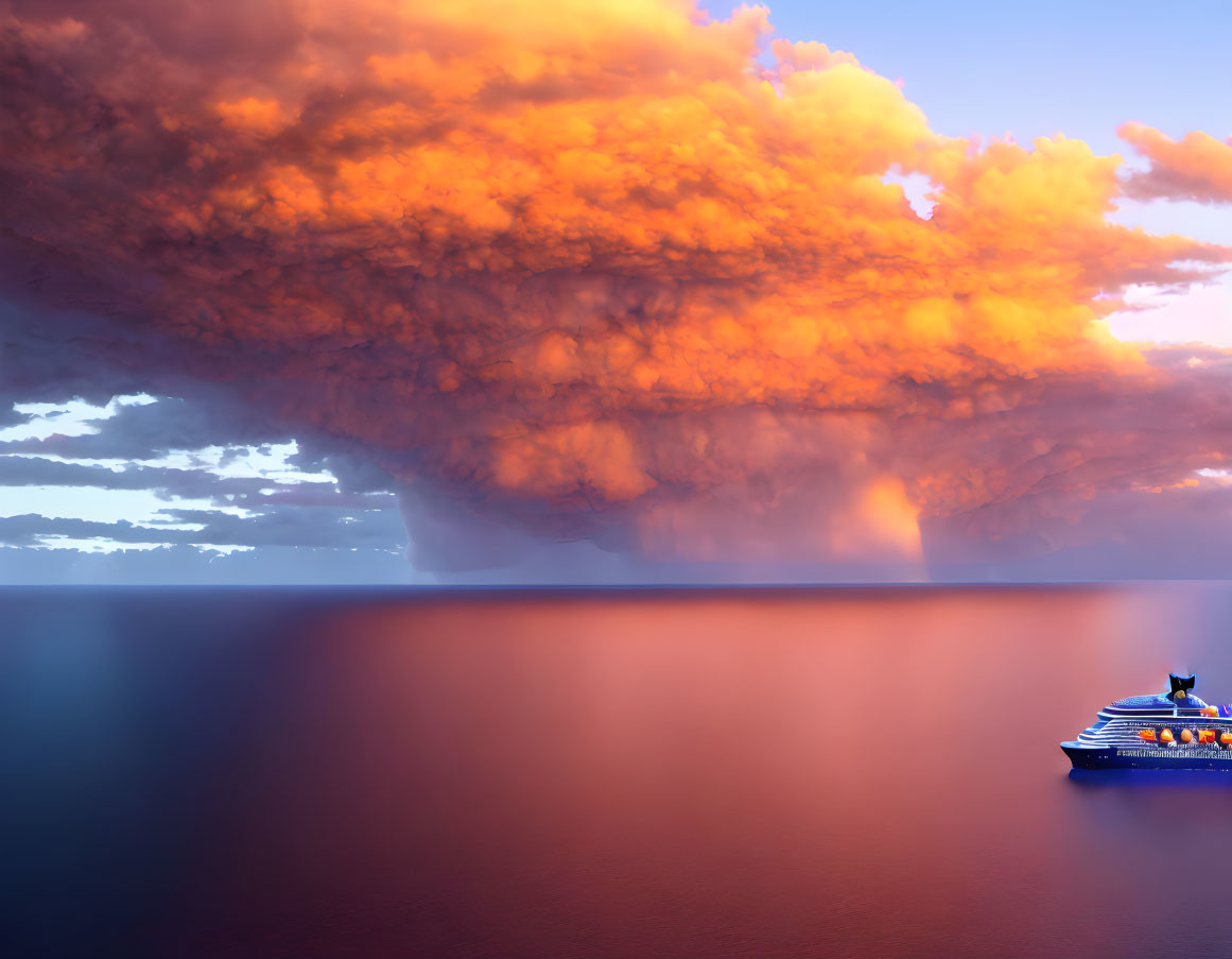 Cruise ship under dramatic orange sunset cloud reflection