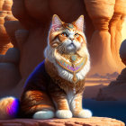 Majestic white cat with golden tiara and robes in desert canyon setting