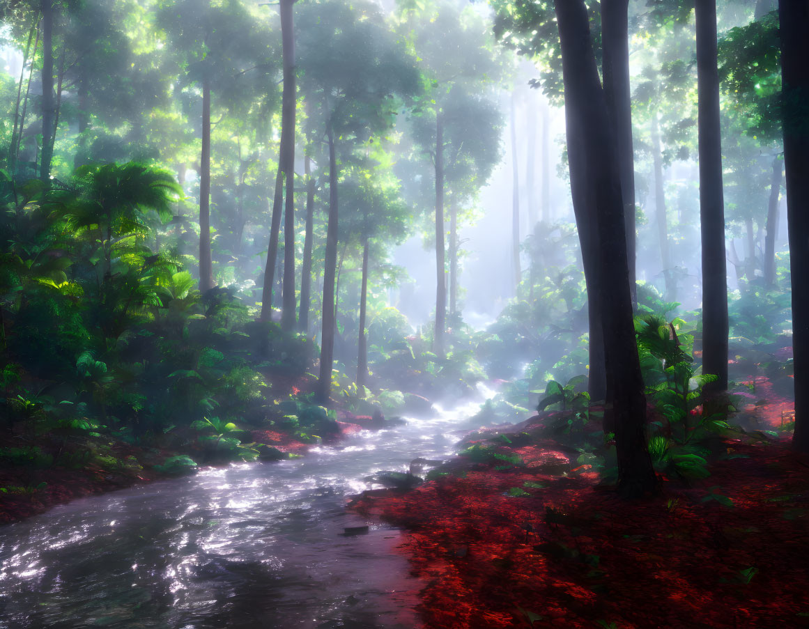 Tranquil stream in misty forest with green foliage