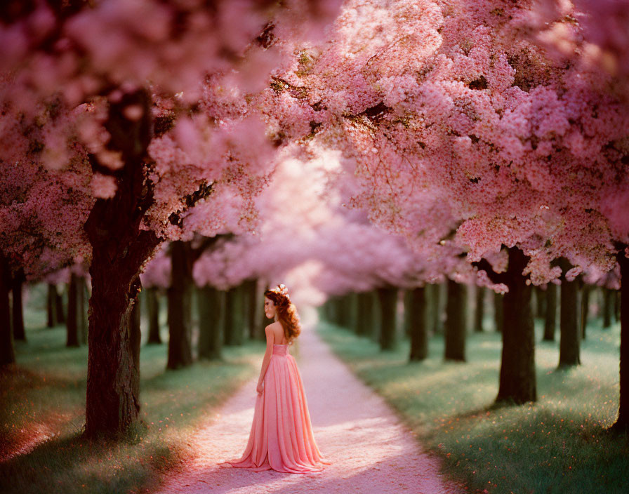 Woman in Pink Dress Amid Cherry Blossoms on Tree-Lined Path