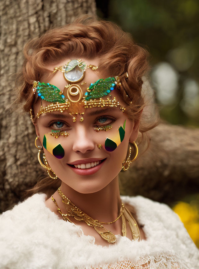 Woman with gold and green face jewelry and furry outfit posing by tree