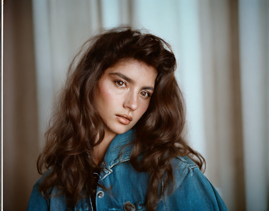 Young woman with voluminous brown hair in denim jacket against soft curtain backdrop