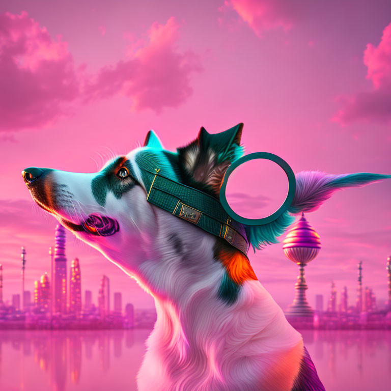 Colorful Border Collie portrait in surreal pink sky with futuristic city silhouette and halo circle.