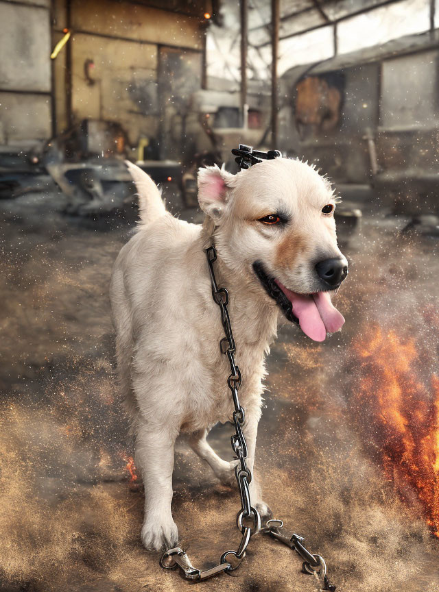 Large White Dog on Black Leash in Industrial Setting with Fire