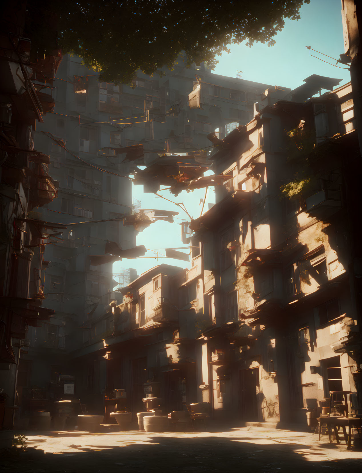 Sunlight filtering through dense urban alleyway structures