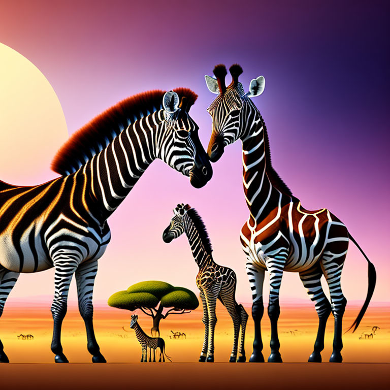 Vibrant sunset scene with stylized zebras in colorful landscape