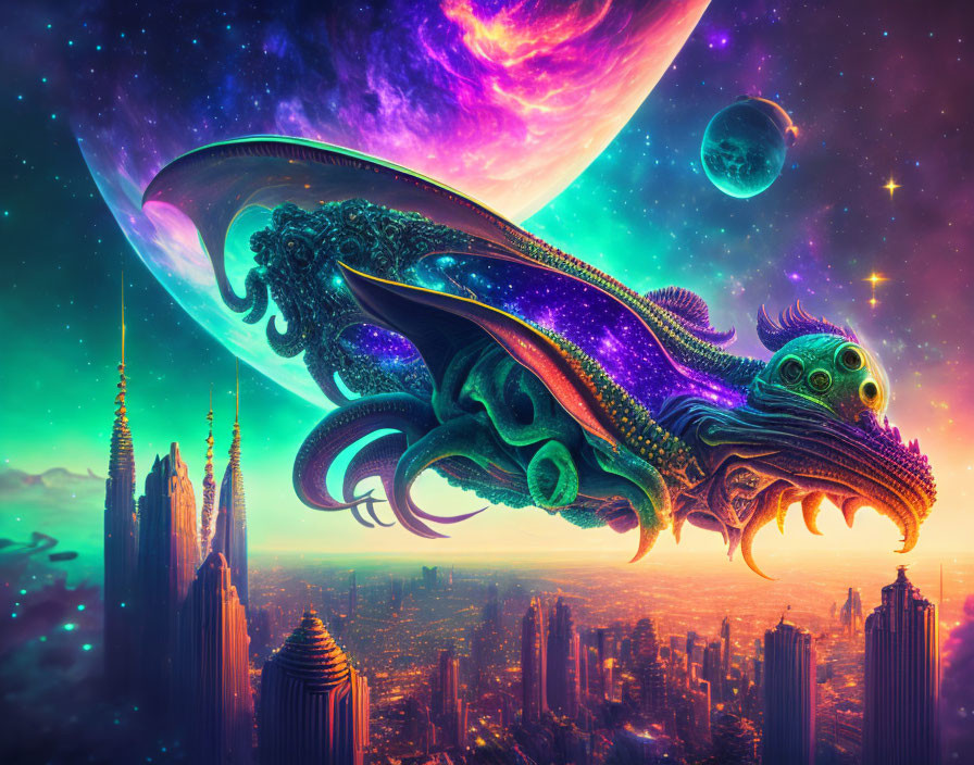 Majestic alien squid creature in futuristic cityscape