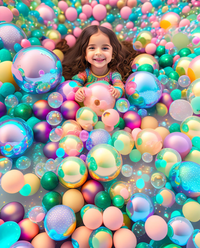 Colorful Balls and Bubbles Surrounding Cheerful Young Girl