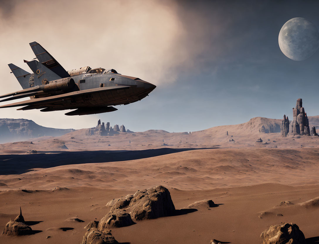 Futuristic fighter jet over barren desert with moon in sky