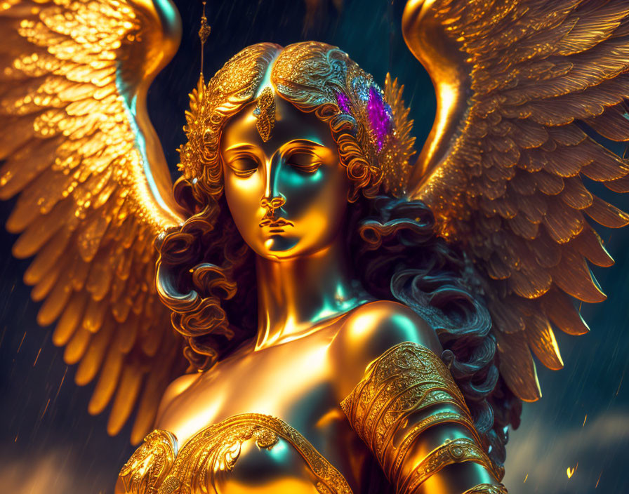 Golden angelic figure with intricate wings and headdress in mystical setting