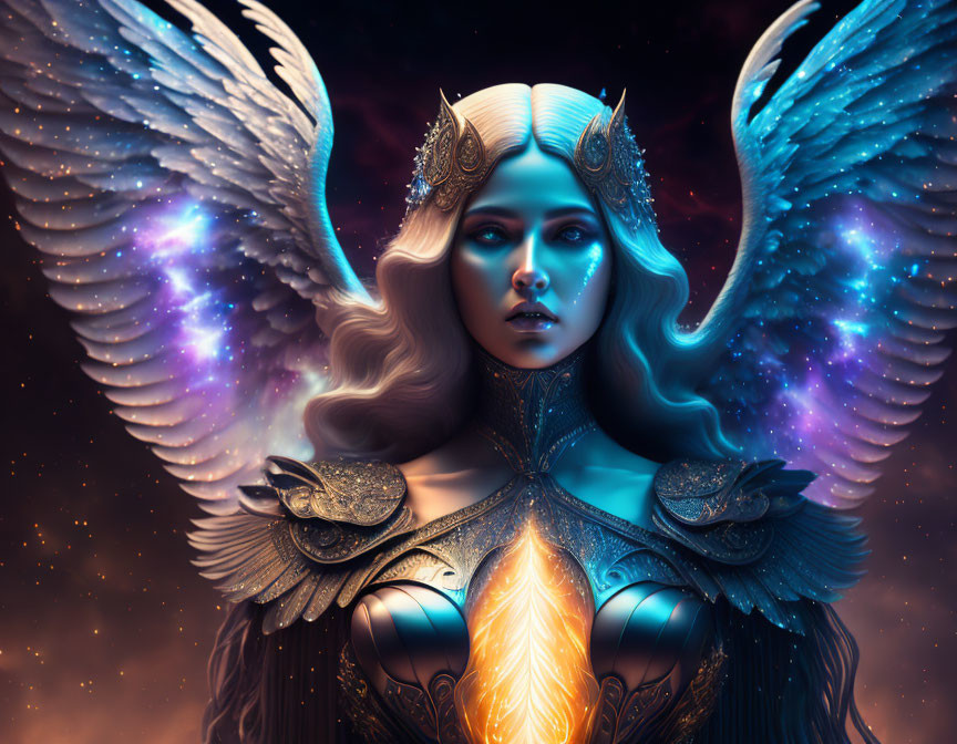 Celestial woman with iridescent wings and cosmic armor