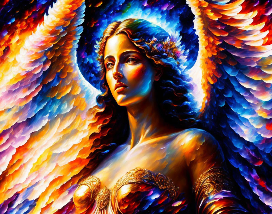 Colorful illustration of serene woman with angelic wings and cosmic halo.