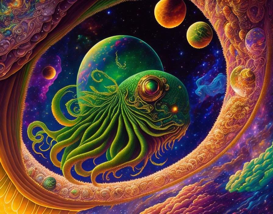 Colorful Celestial Octopus Floating in Space with Planets and Stars