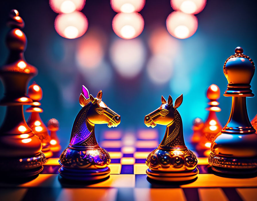 Ornate chess knights on checkered board with bokeh lighting