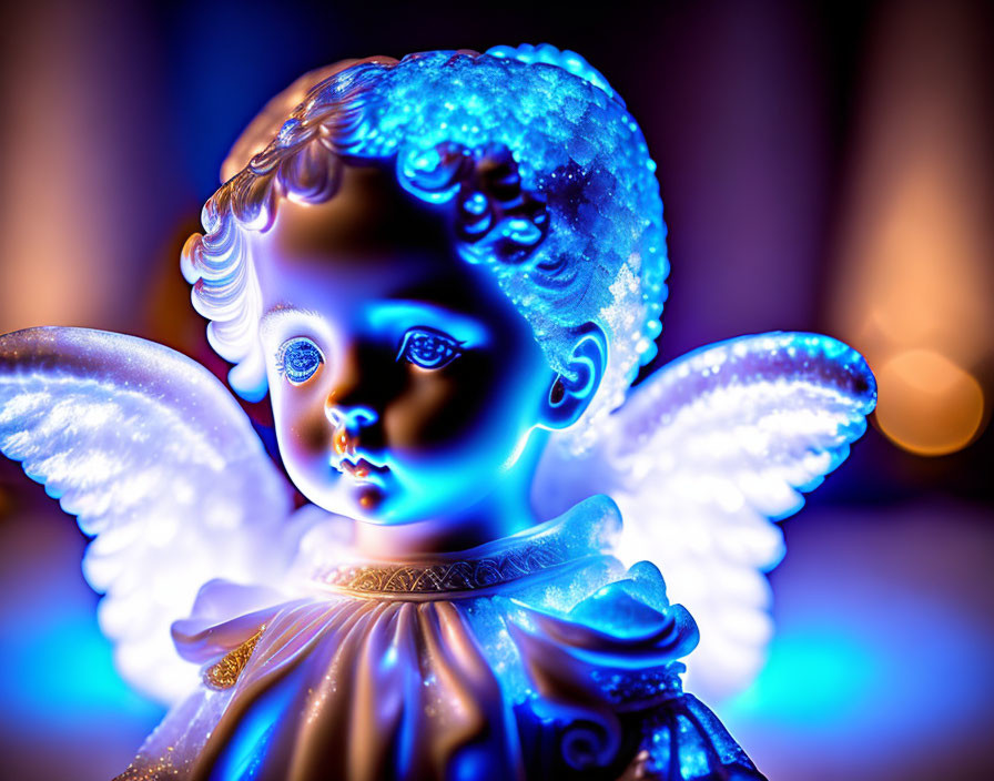 Porcelain angel figurine with blue hues and delicate wings