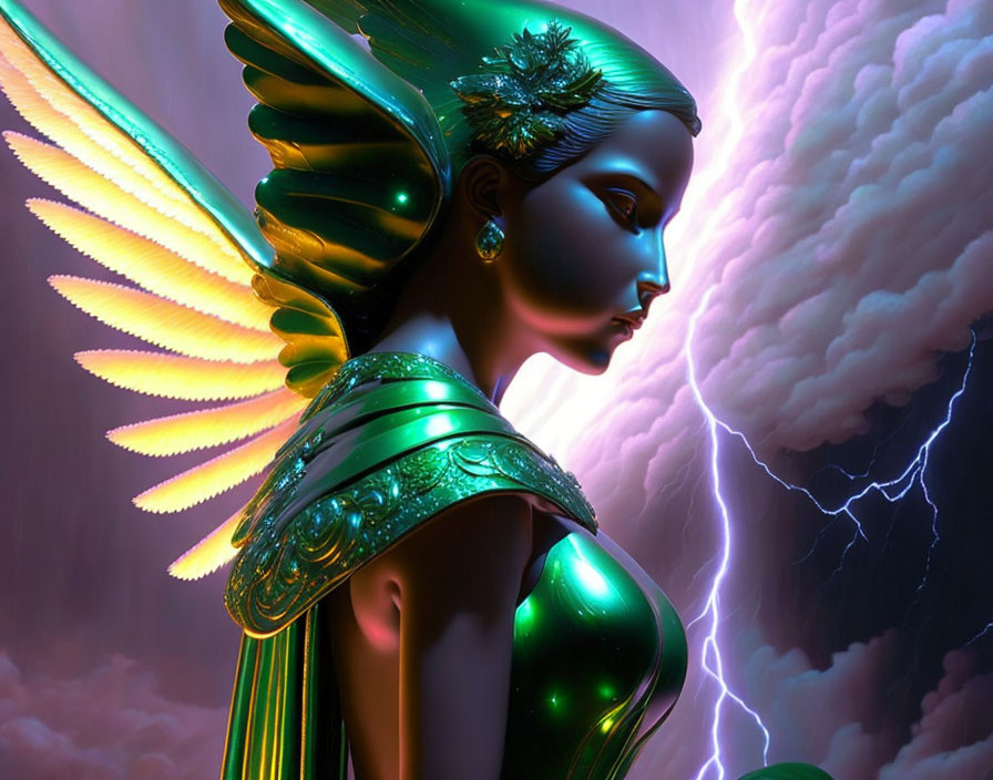 Digital artwork: Female figure in green armor with wings against pink clouds and lightning.