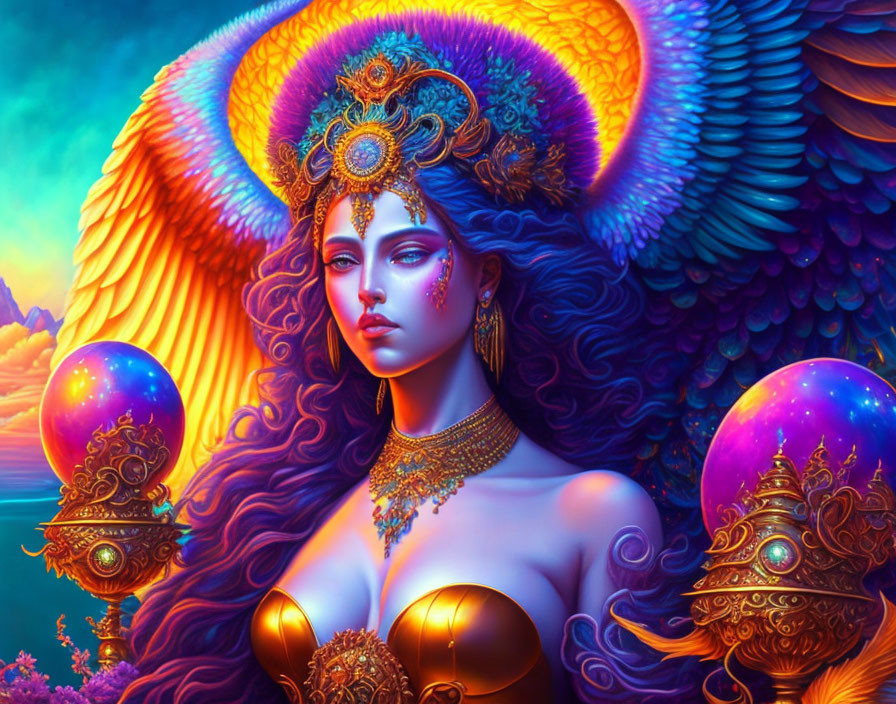 Colorful digital artwork of mystical woman with ornate headdress and iridescent wings.