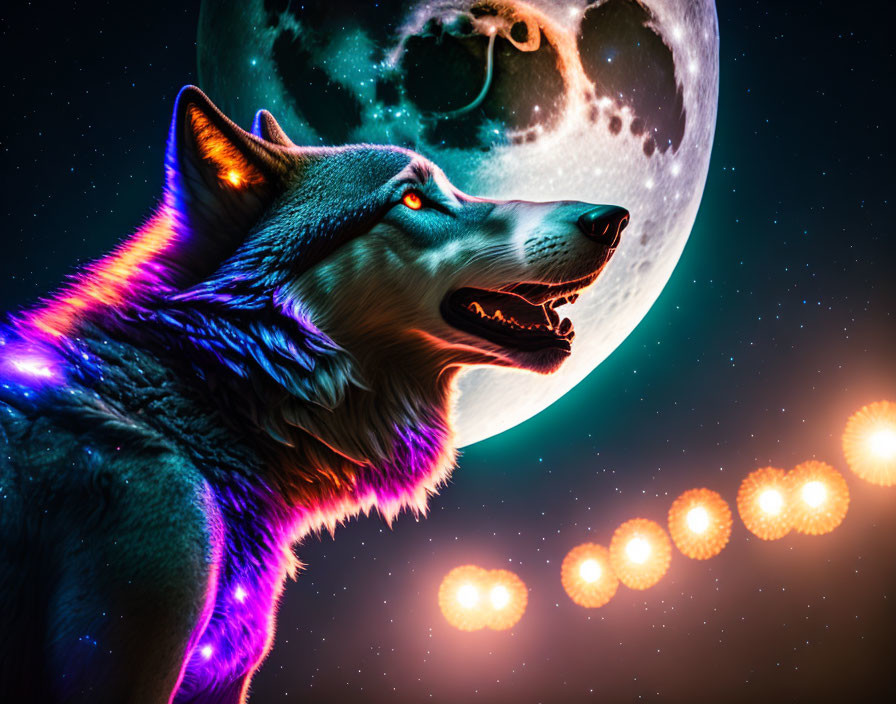 Colorful Wolf Howling in Front of Moon and Glowing Orbs