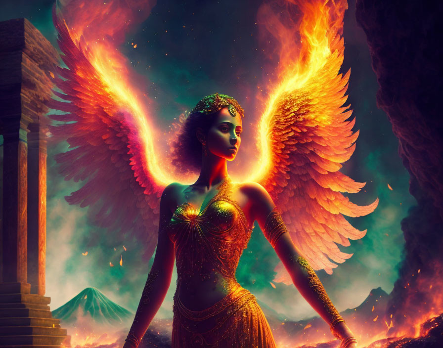 Regal figure with fiery wings in volcanic landscape