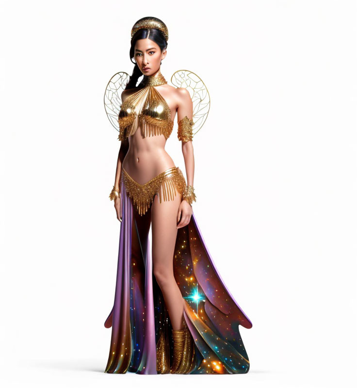 Elaborate cosmic-themed costume with golden top and galaxy skirt