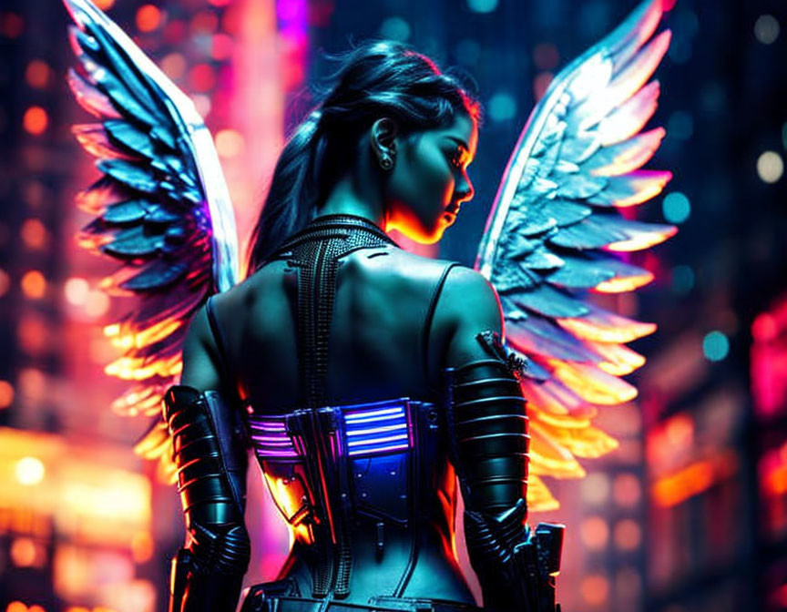 Futuristic cyberpunk art: Woman with illuminated angel wings in neon-lit city