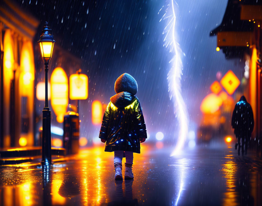 Person in reflective raincoat walks on wet street at night under rain with glowing street lamps and signs.