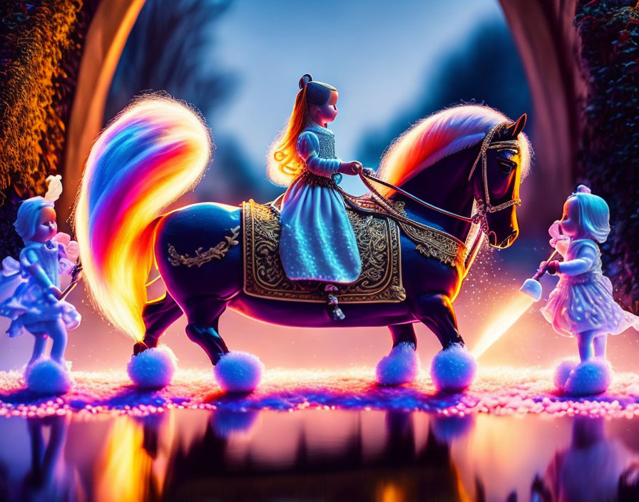 Colorful doll on horse with figures in magical setting and archway