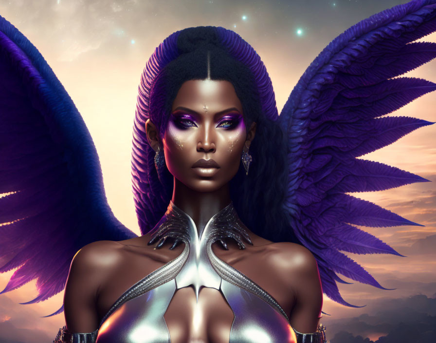 Digital artwork of a woman with dark skin, purple eye makeup, and large purple wings in a cosmic