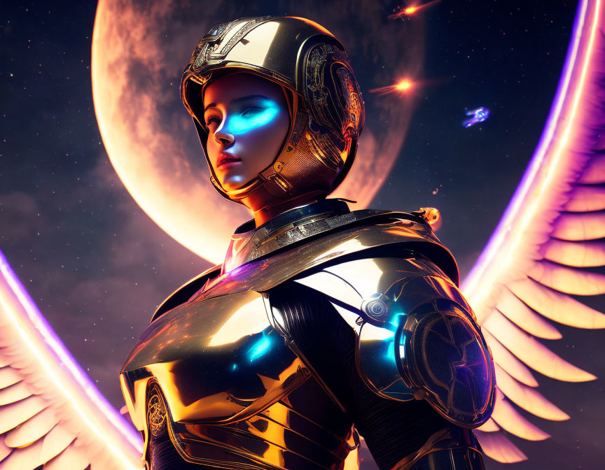 Futuristic female warrior in golden armor with wings and glowing blue lights.