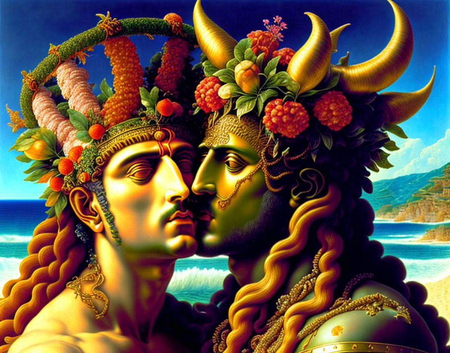 Dual profile portraits with nature and mythology elements: fruit headdresses and crescent moon.