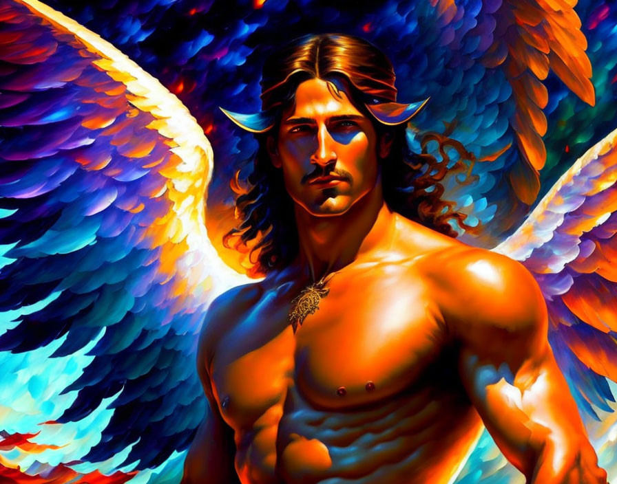 Mythical male figure with angelic wings and blue ram horns in fiery background