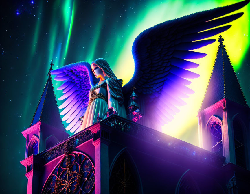 Angelic statue with outstretched wings on cathedral under vibrant aurora borealis