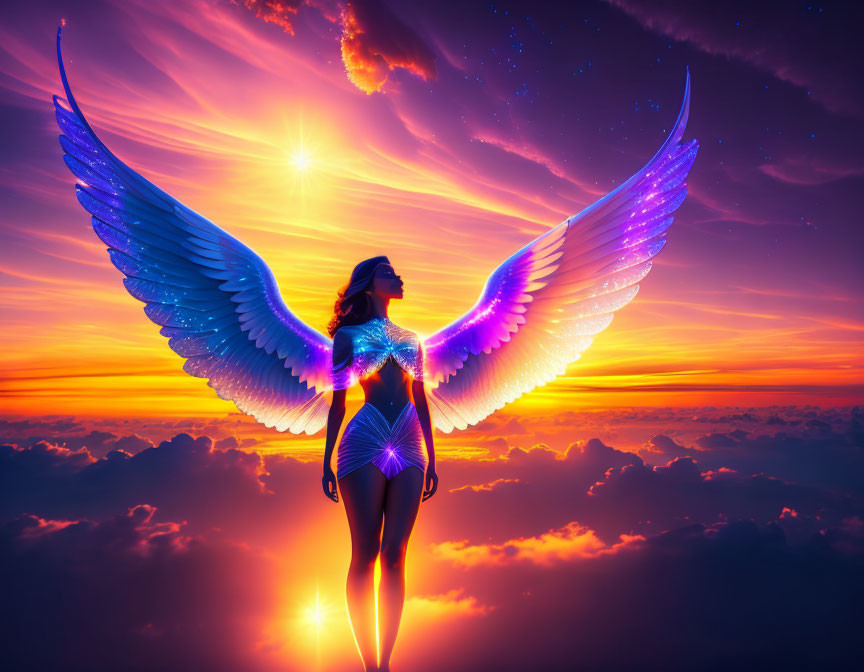 Iridescent Winged Figure in Sunset Sky