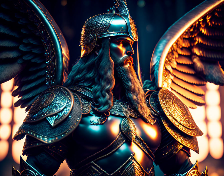 Warrior in ornate armor with wings and helmet in warm light