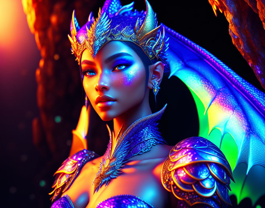 Fantasy female character with blue skin, dragon armor, and glowing wings on fiery backdrop