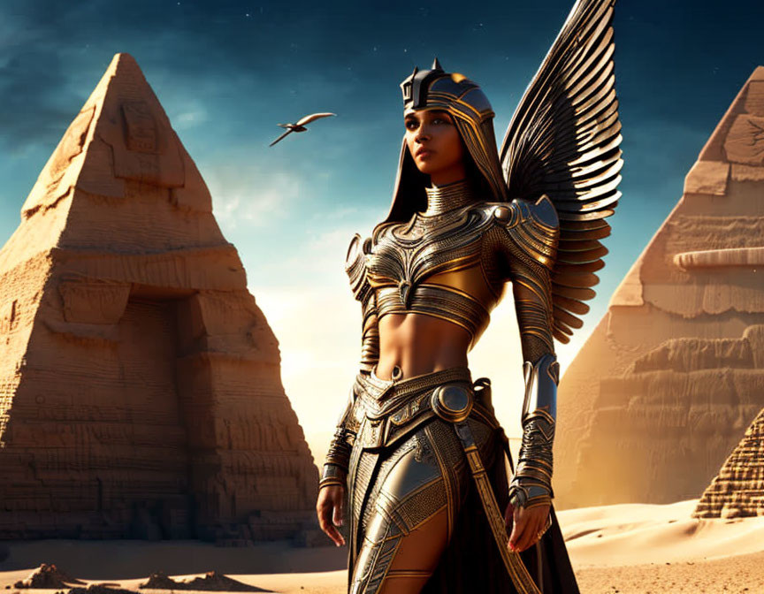 Ancient Egyptian-style armored woman with winged headdress by pyramids