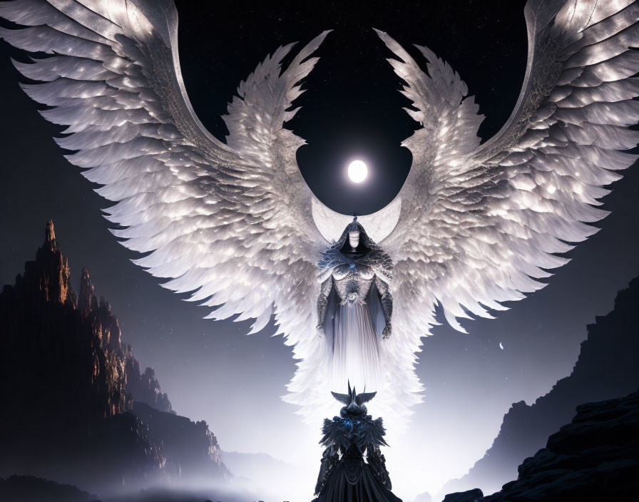 Figure with white wings under moonlit arch in digital art