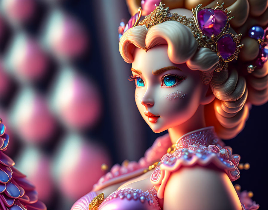 Stylized 3D illustration of female character with blue eyes and golden crown